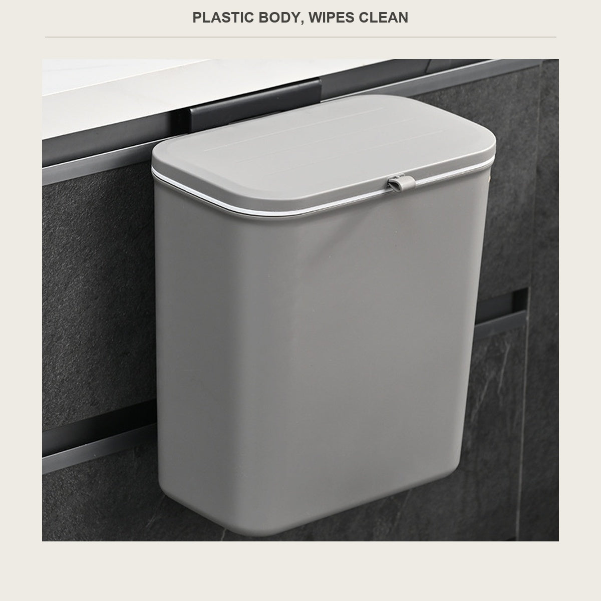 Close view of the plastic body and hinged lid on the hanging bin