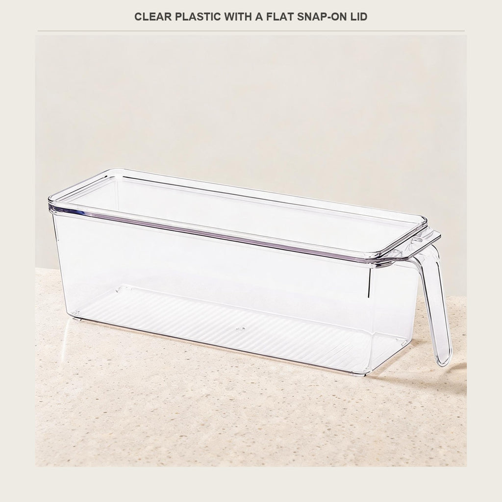 The clear rigid plastic and flat lid of the stackable fridge bin