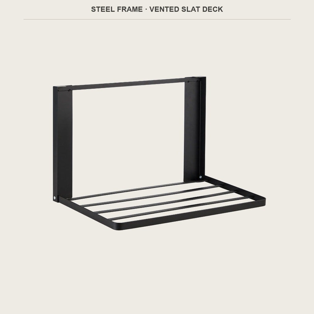 Black steel folding shelf with a vented four-slat deck