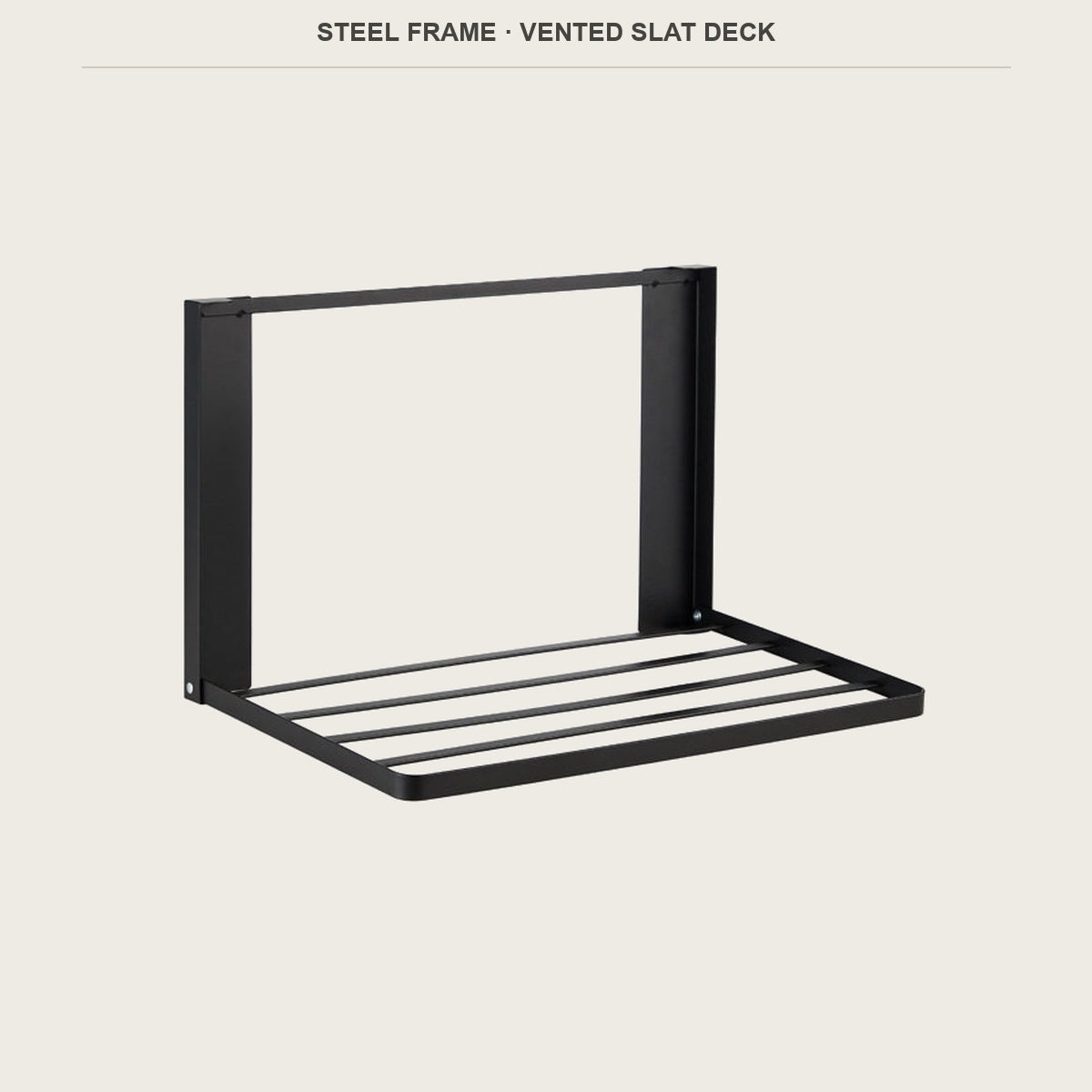 Black steel folding shelf with a vented four-slat deck