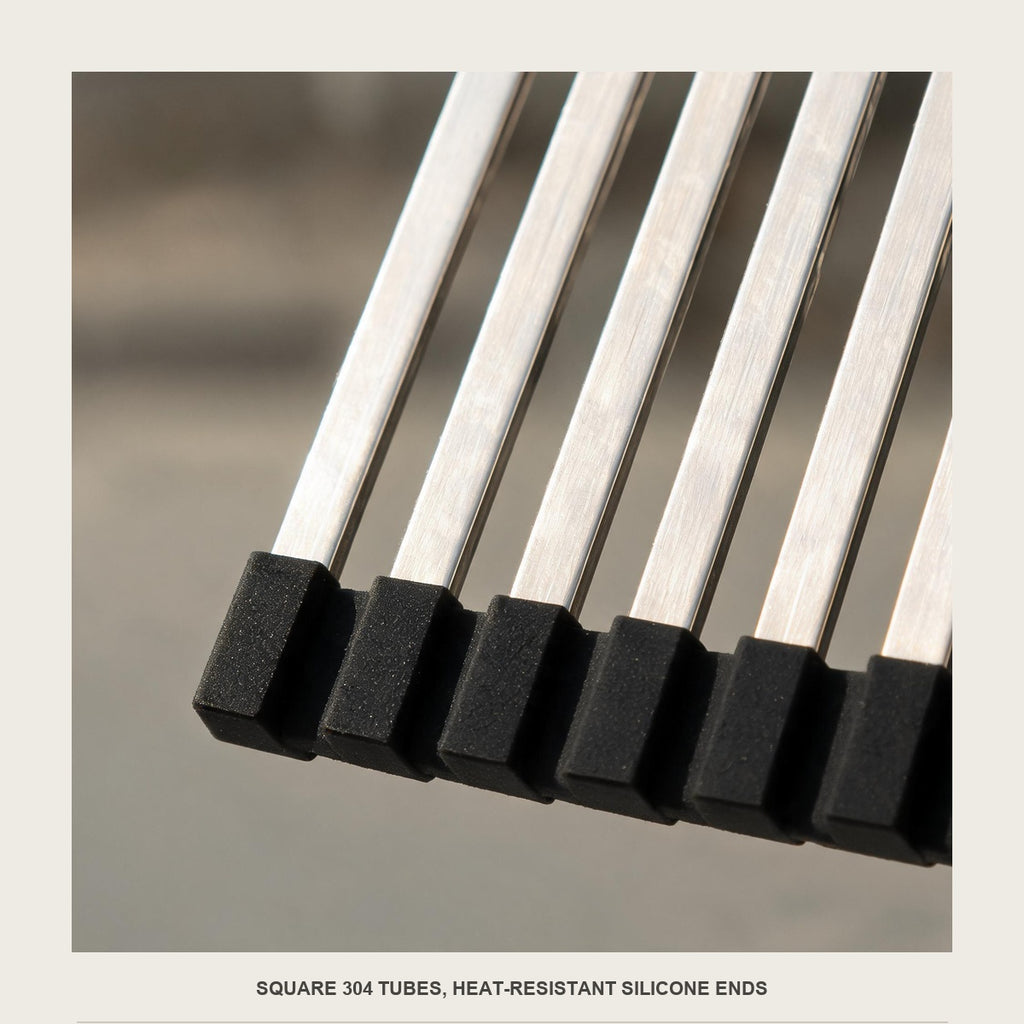 Close-up of the square 304 stainless tubes and the black silicone edging