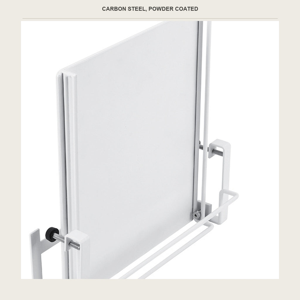 The white powder coated carbon steel tray of the fold-down shelf, folded