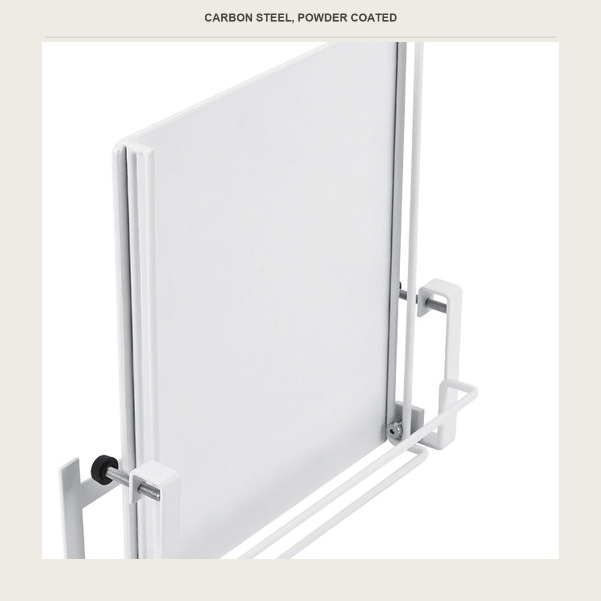 The white powder coated carbon steel tray of the fold-down shelf, folded