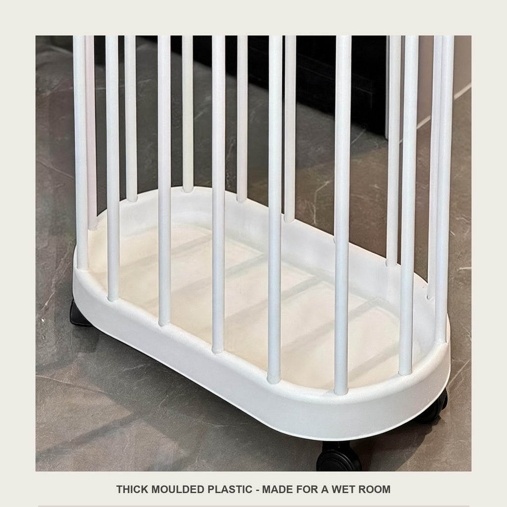 Macro of the moulded cream plastic slats and the base of the rolling bin