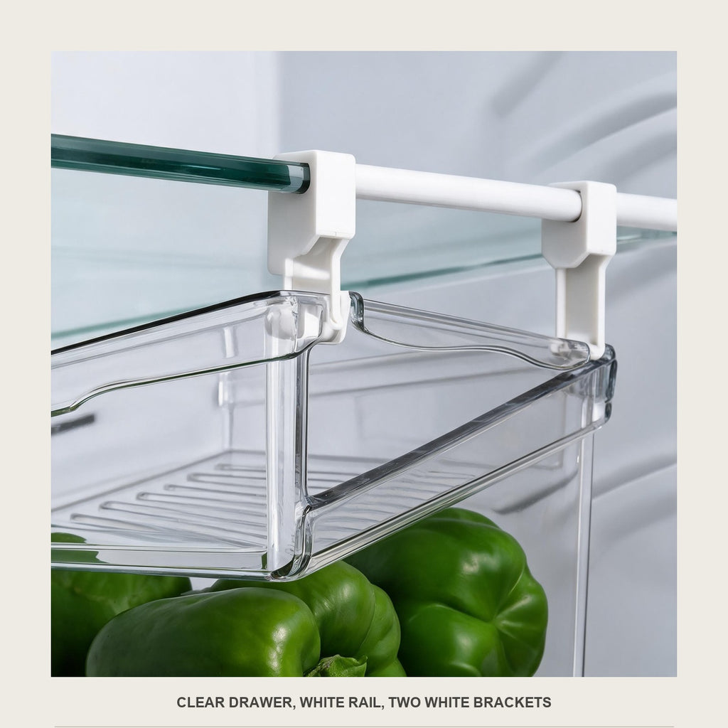Macro of the clear drawer rim and the white bracket hooked over the white rail