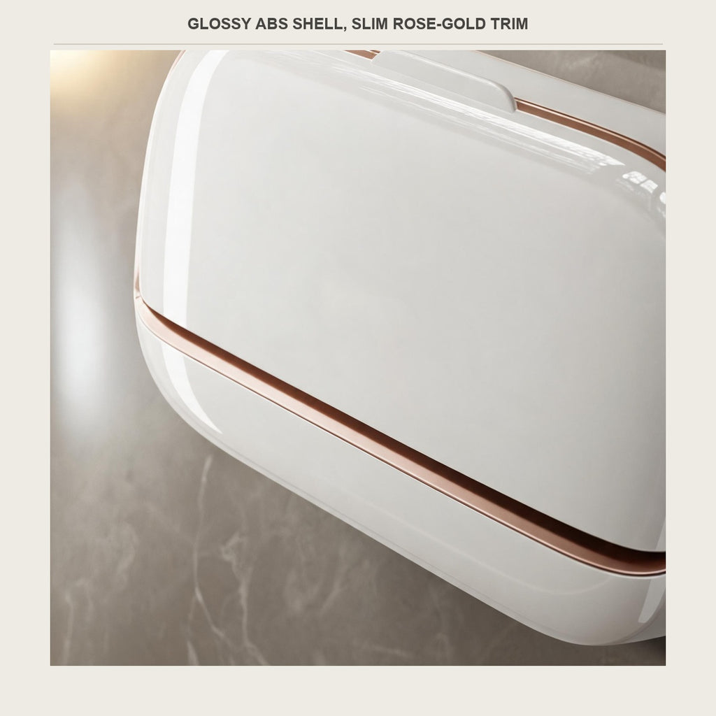Close-up of the glossy ABS shell and slim rose-gold trim