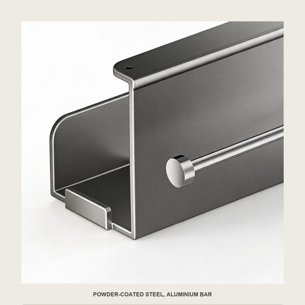 Macro of the powder-coated steel surface, the folded edge and the aluminium bar