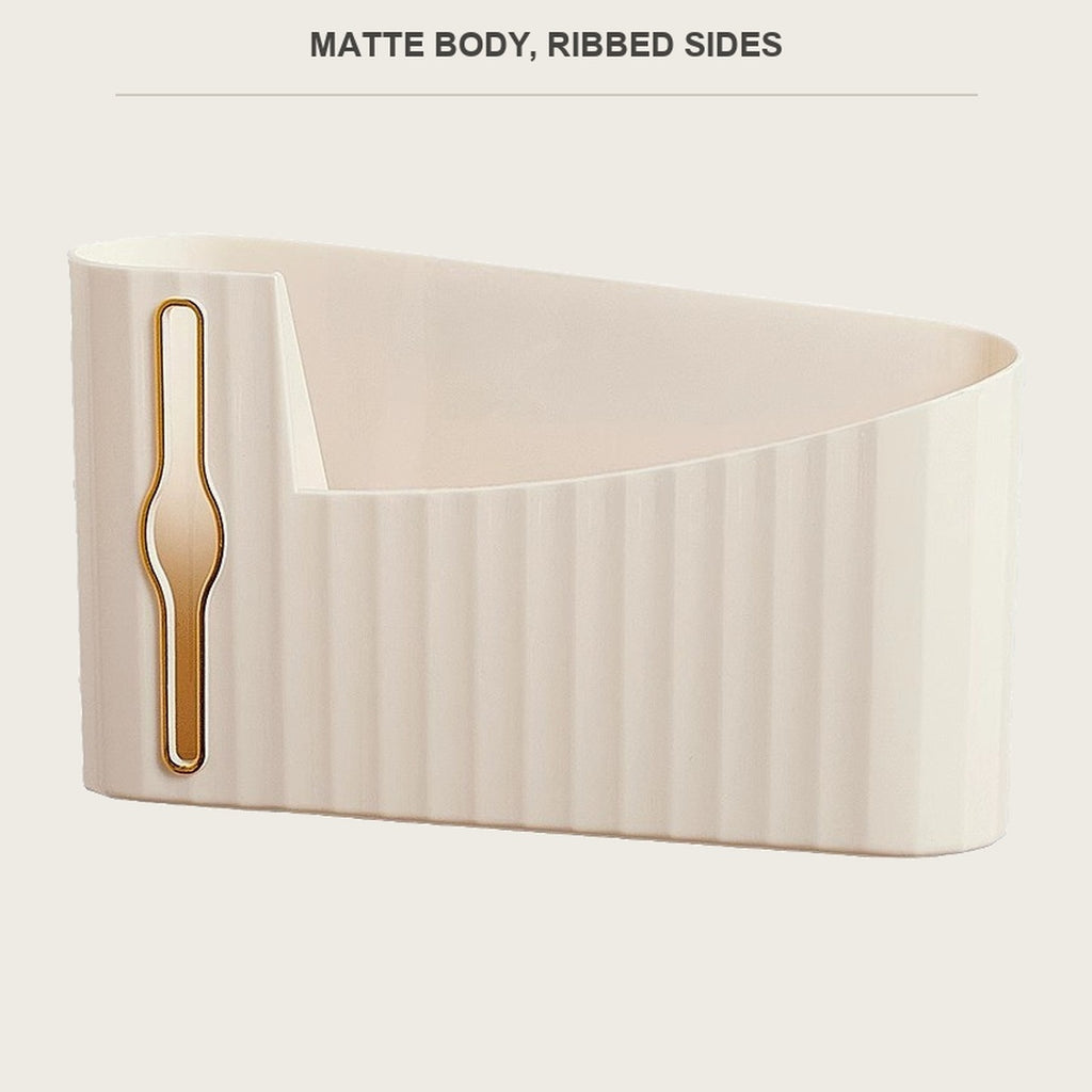 Cream ribbed trash bag caddy with its metal-tone slot, on a light background
