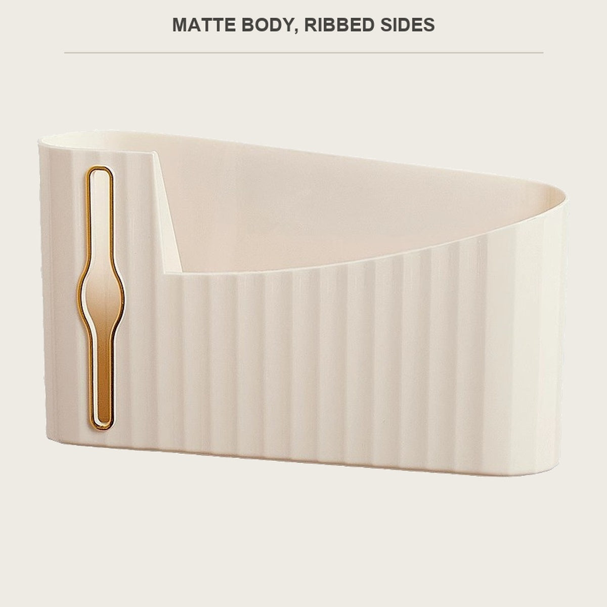 Cream ribbed trash bag caddy with its metal-tone slot, on a light background
