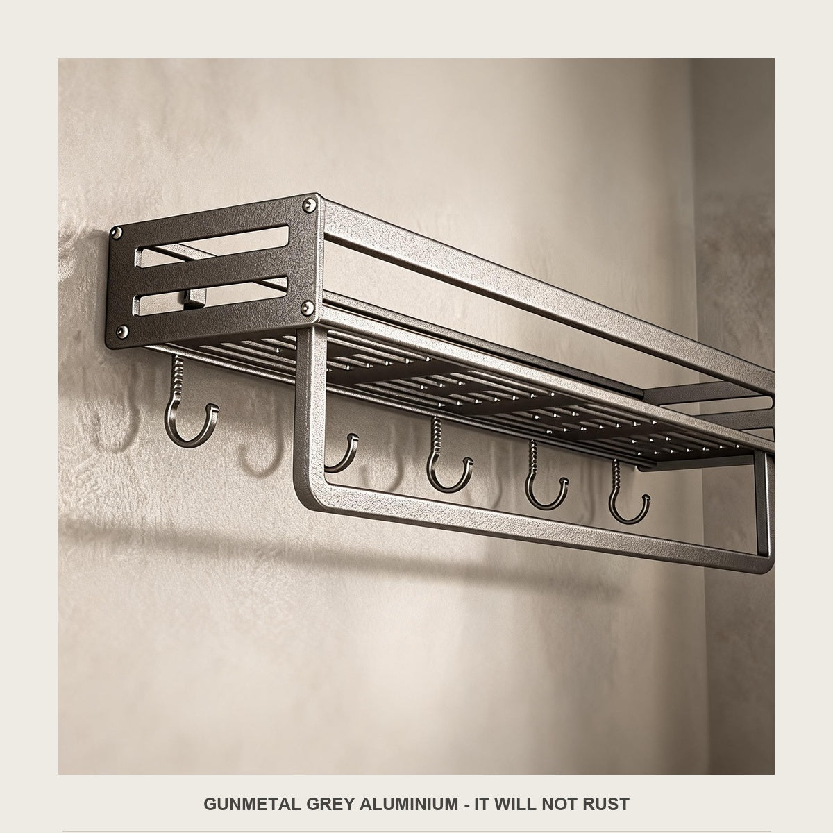 Close-up of the matte gunmetal grey aluminium tray and the perforated shelf floor