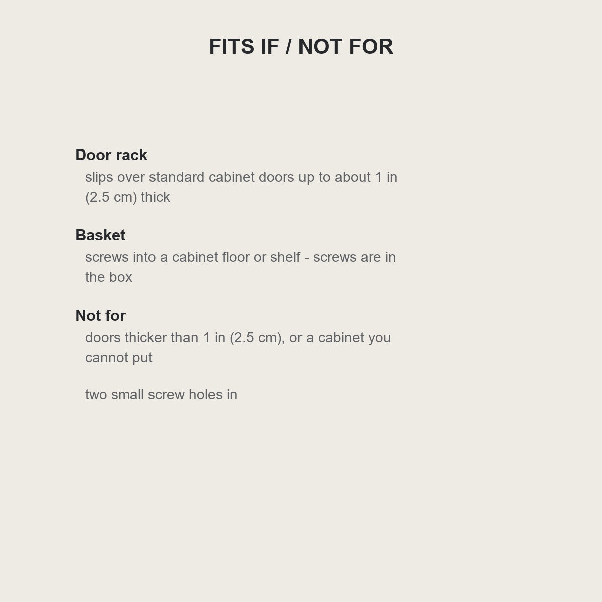 Fits and not-for guide for the door rack and the pull-out basket