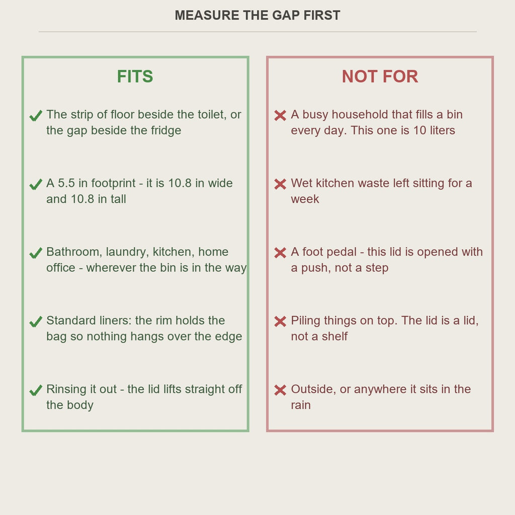 Fits and not-for guide for the slim gap trash can