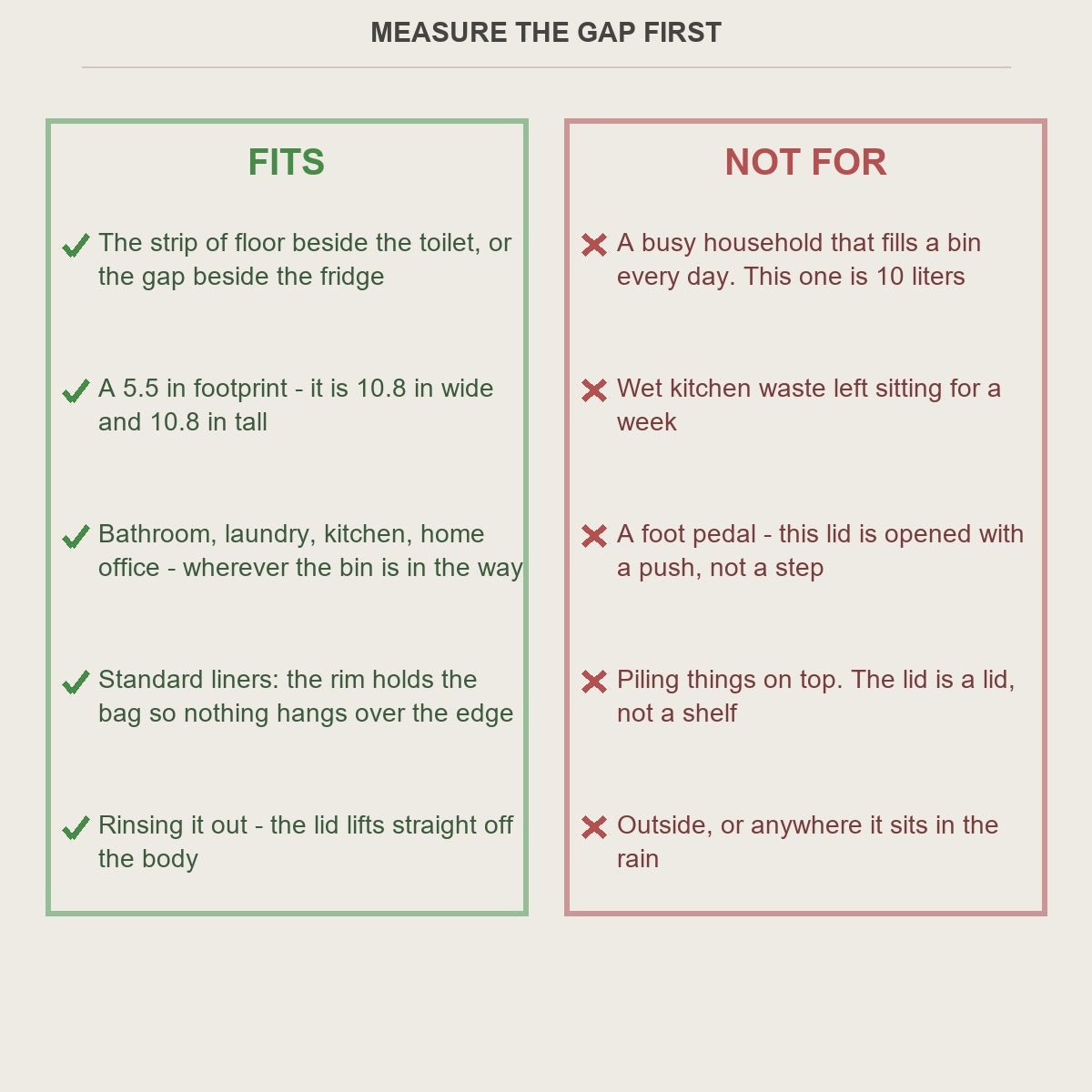 Fits and not-for guide for the slim gap trash can