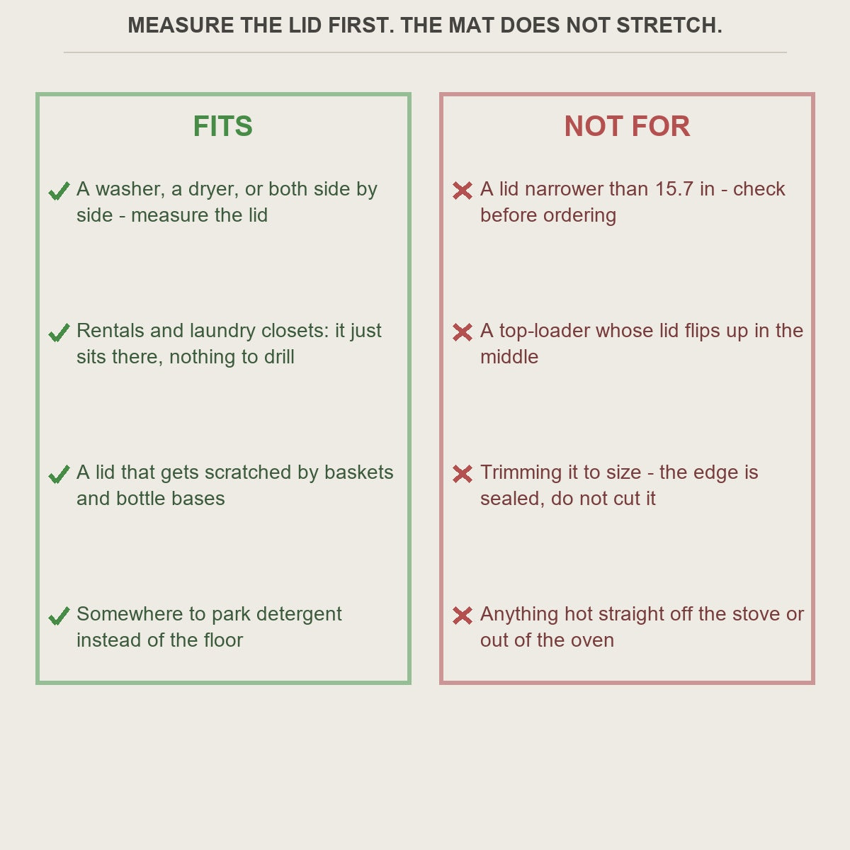 Fit guide for the washer top mat and the lids it does not suit