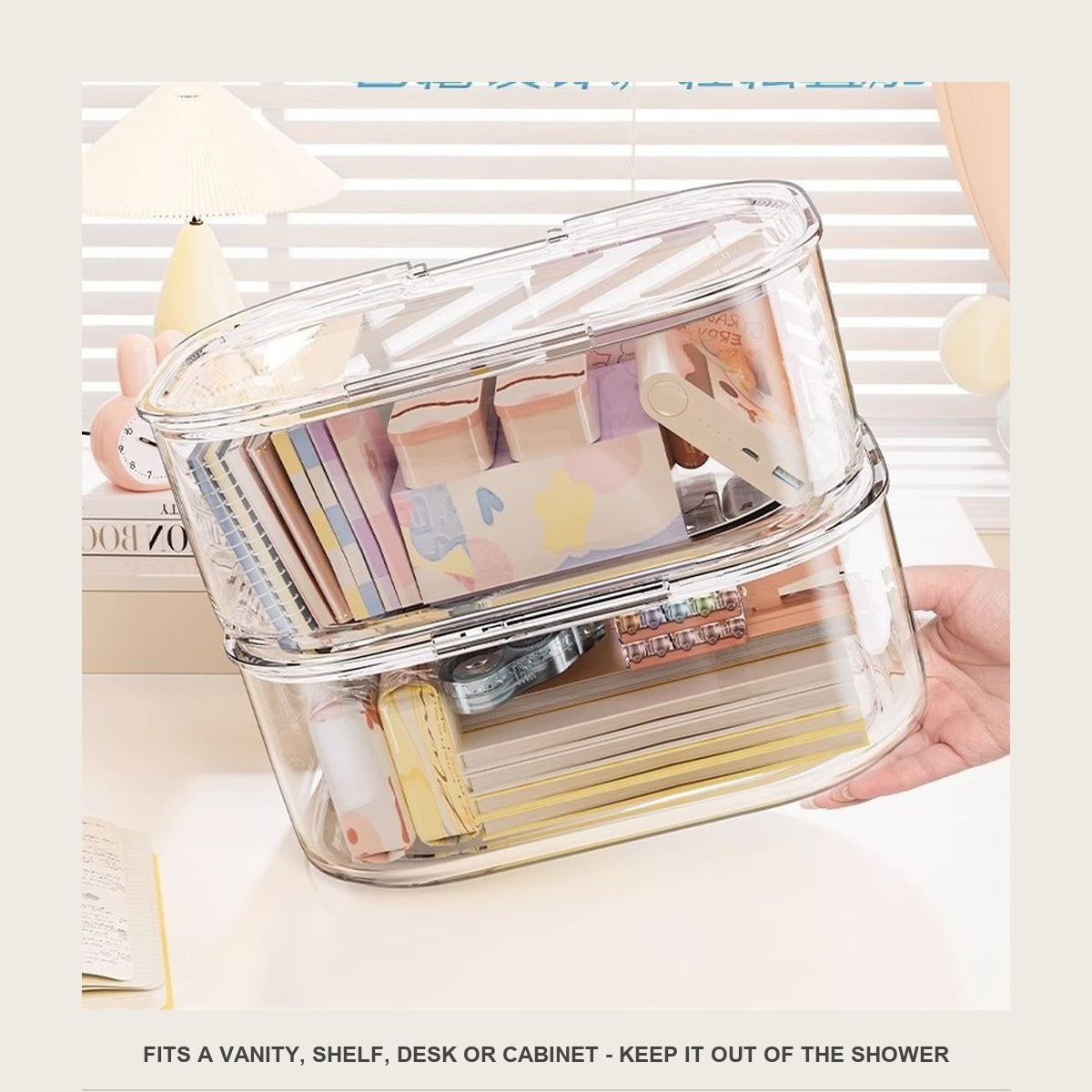 The hair accessory box on a vanity, shelf, desk or bathroom cabinet