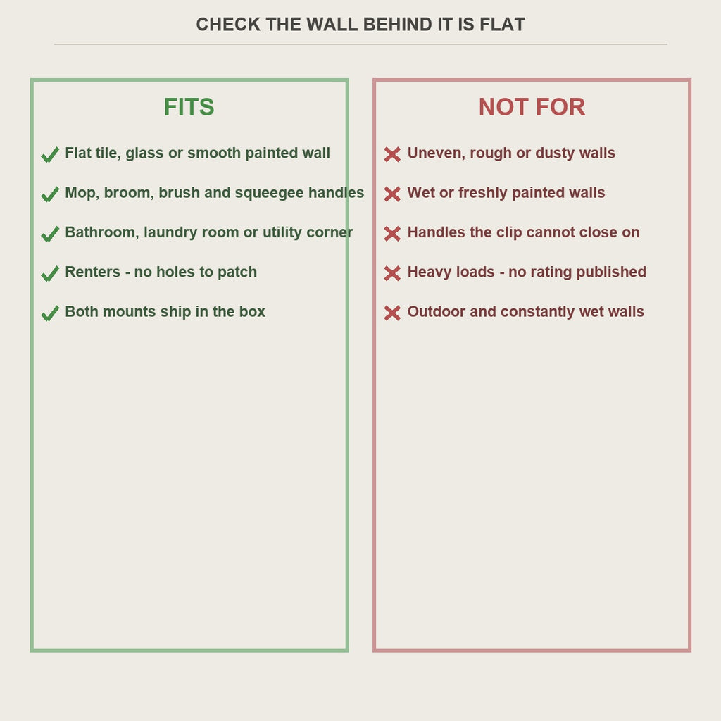 Fits and not-for guide for the no-drill mop and broom holder