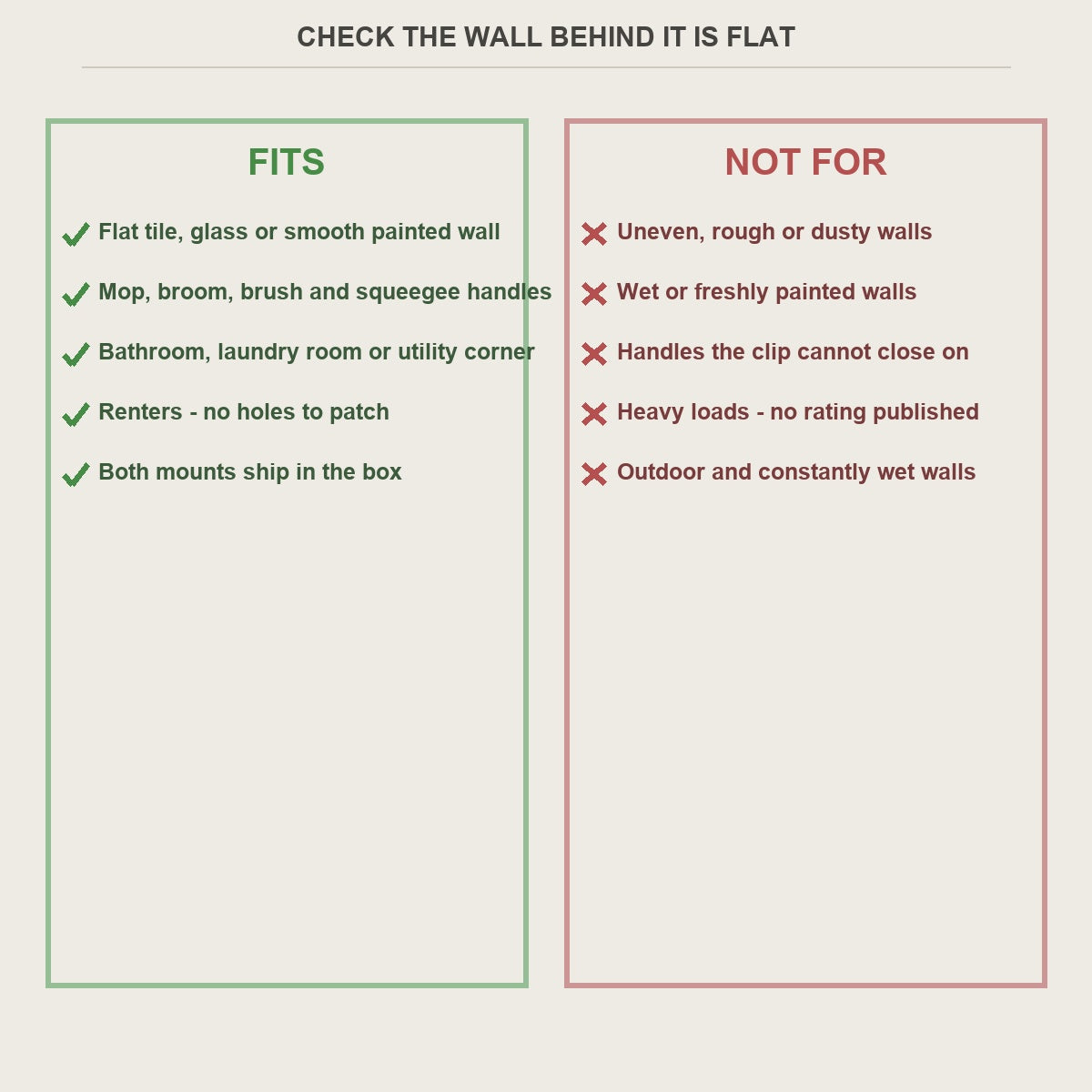 Fits and not-for guide for the no-drill mop and broom holder