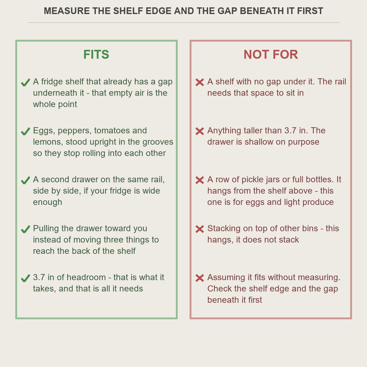 Fits and not-for guide for the under-shelf fridge egg drawer