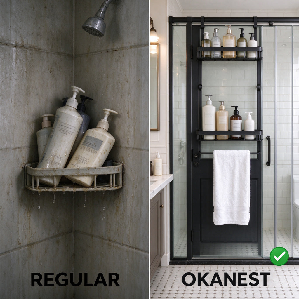 OKANEST two-tier shower caddy compared with a rusty wire basket on the shower floor