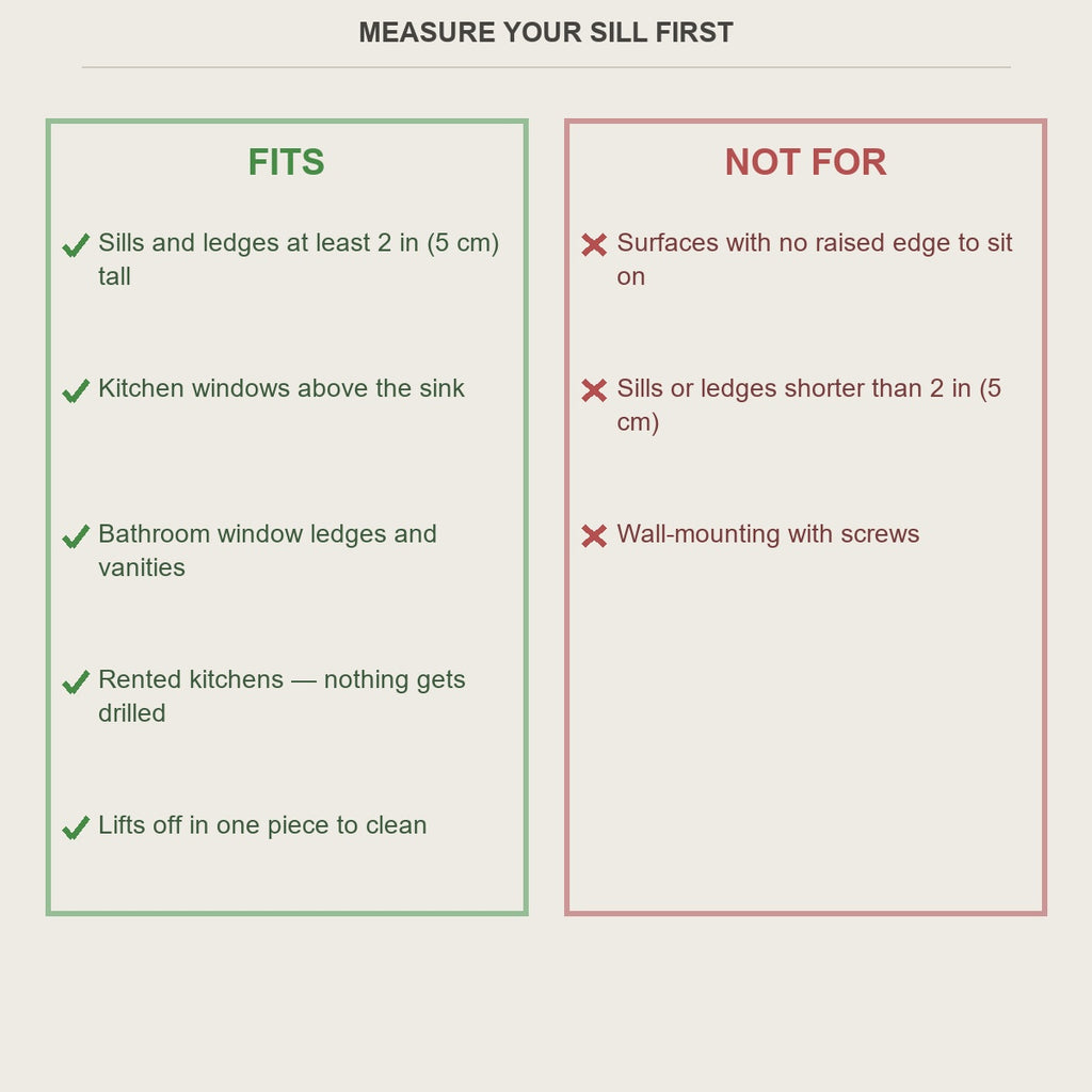 Fits and not-for guide for the sill extension shelf, measure your sill before ordering