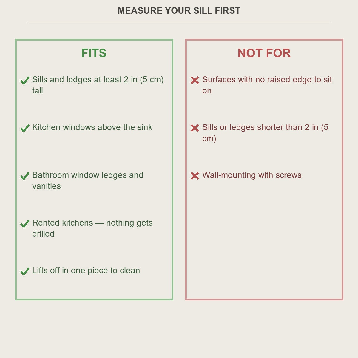 Fits and not-for guide for the sill extension shelf, measure your sill before ordering