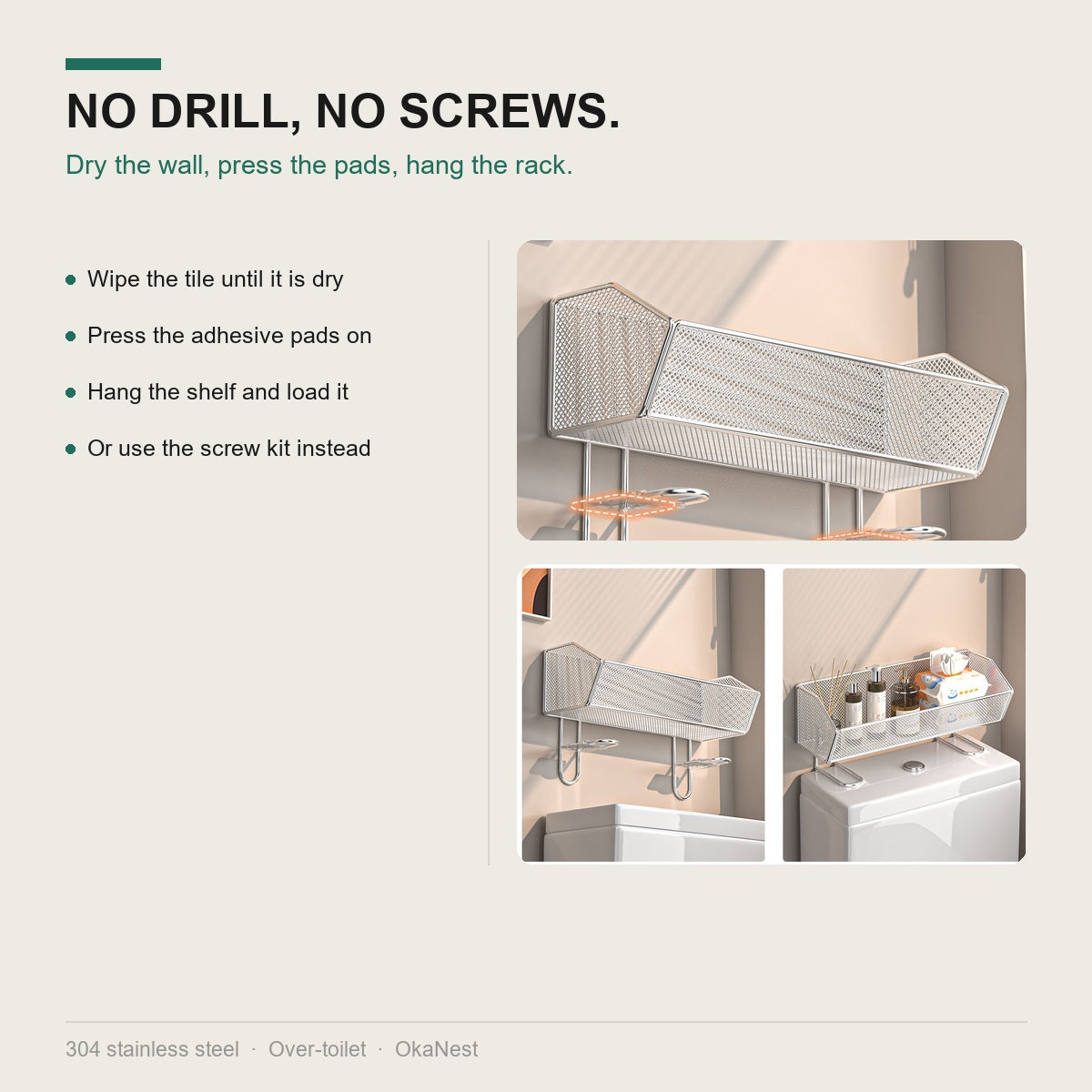 No-drill installation: wipe, press the adhesive pads, hang the shelf
