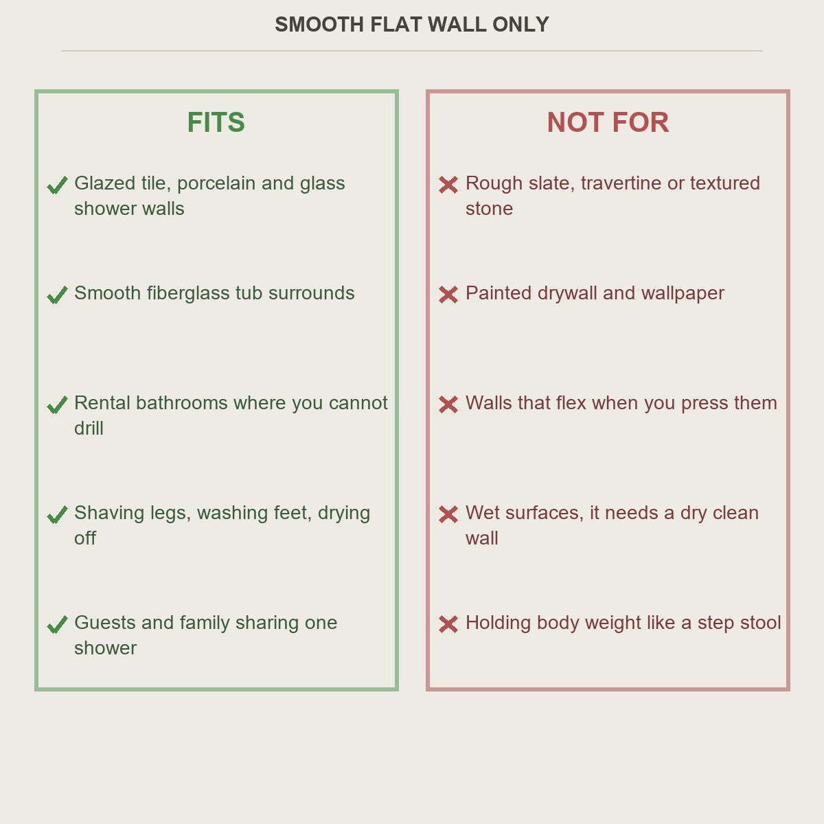 Fits and not-for guide for the suction shower foot rest