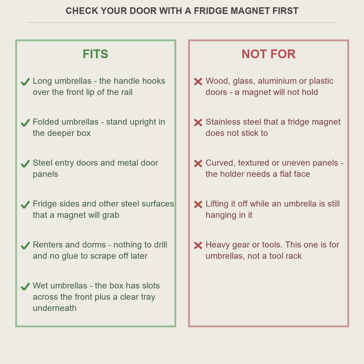 Fits and not-for guide for the magnetic umbrella holder