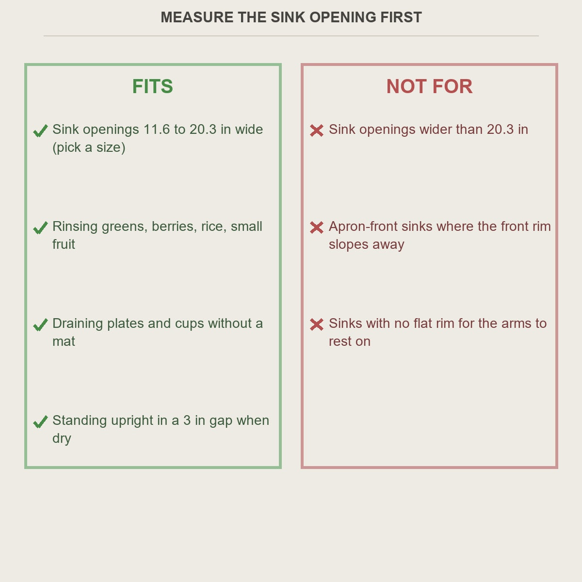 Fit guide for sink openings 11.6 to 20.3 in wide