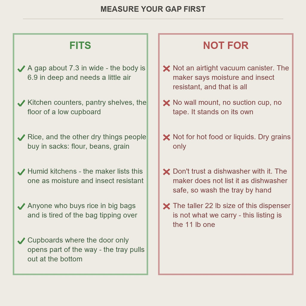 Fits and not-for guide for the slim rice dispenser