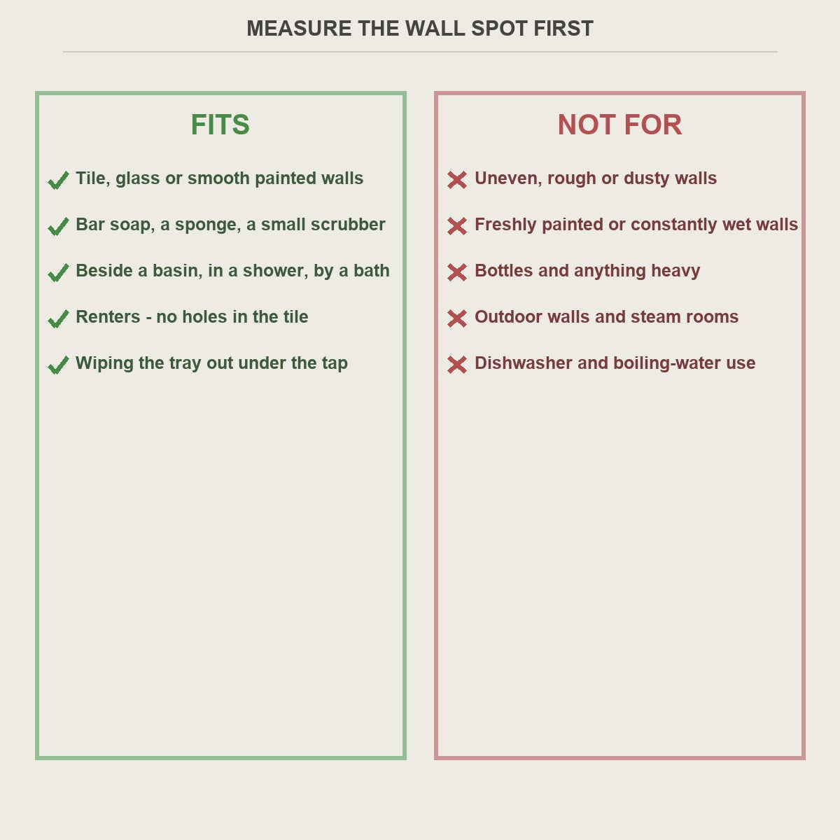 Fits and not-for guide for the no-drill wall soap dish box
