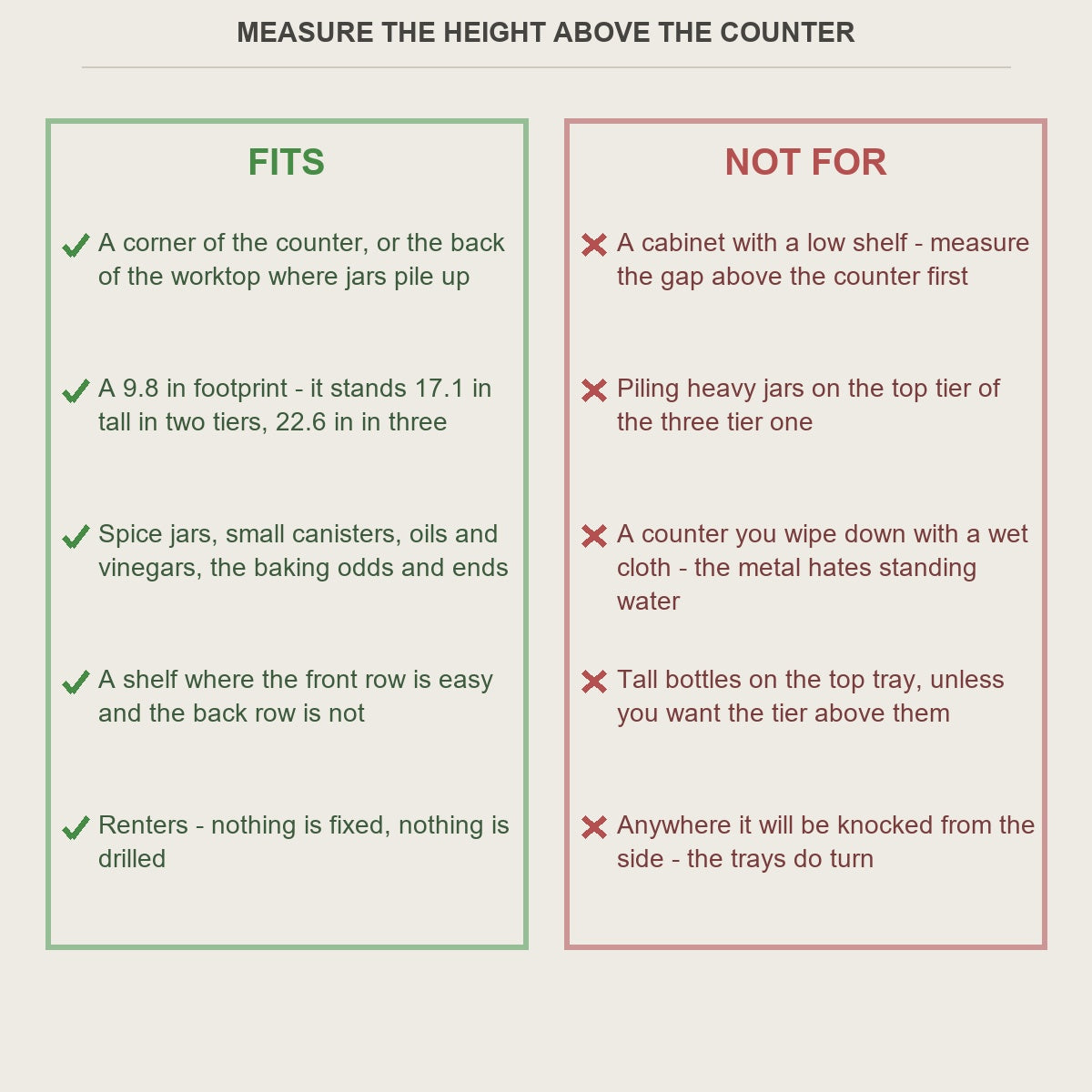 Fits and not-for guide for the rotating spice rack organizer
