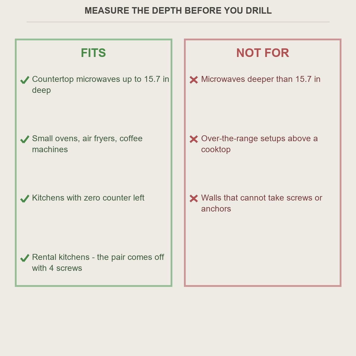 Fit guide - microwaves up to 15.7 in deep, not for over-the-range setups