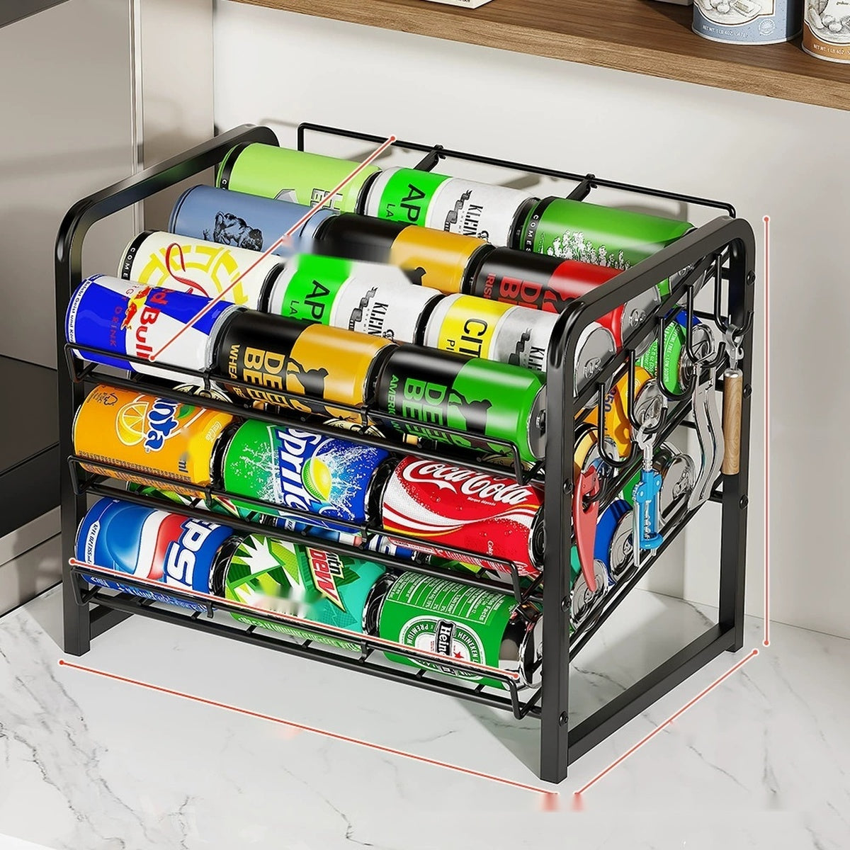 Can rack with size reference lines in kitchen