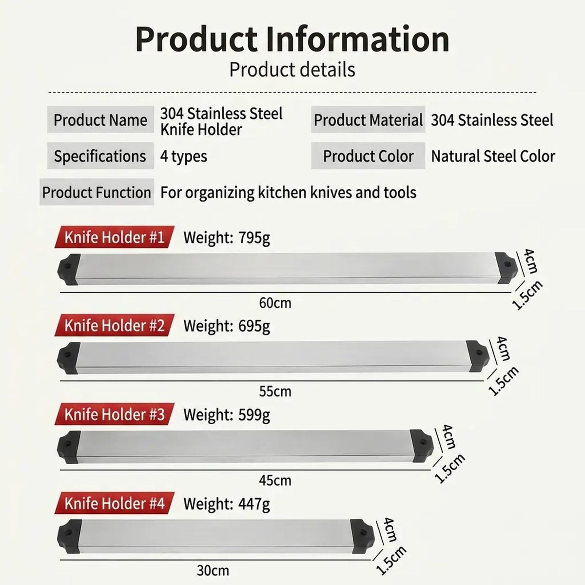 Magnetic Knife Strip Wall-Mount 304 Stainless Steel
