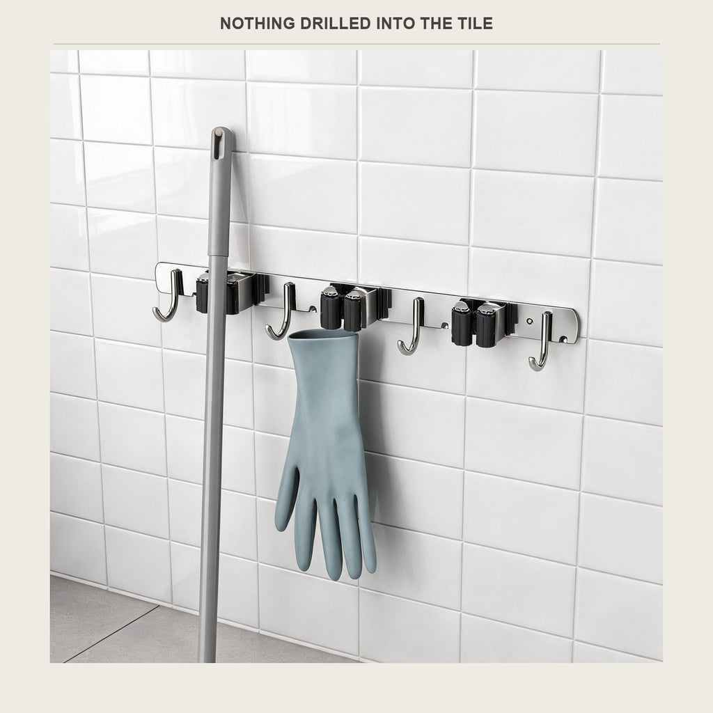 Rail mounted with adhesive on tiled wall, nothing drilled into the tile