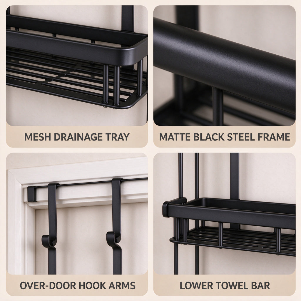 Close-up of the mesh drainage tray, matte black steel frame, over-door hook arms and lower towel bar