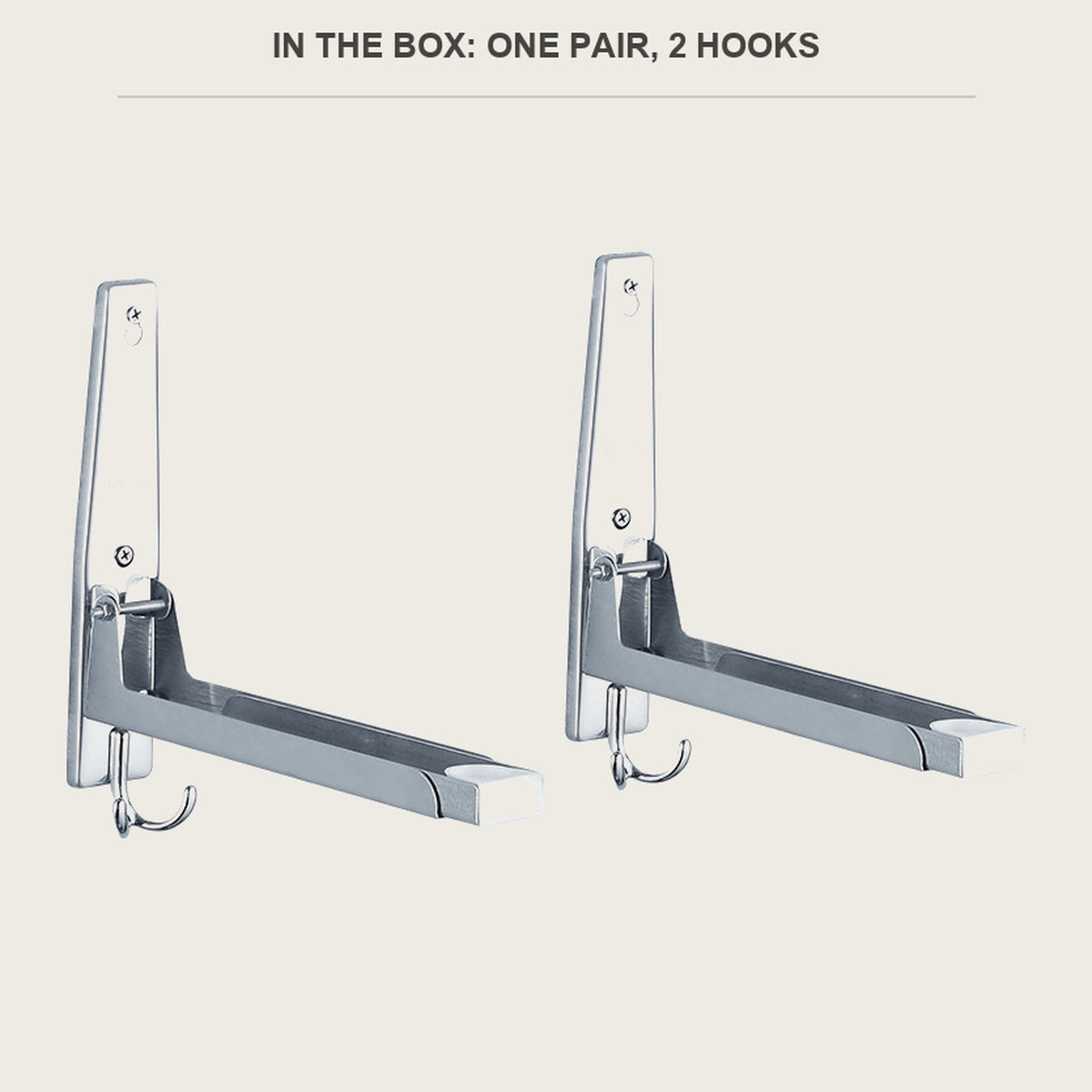 One pair of brackets and two hooks included in the box