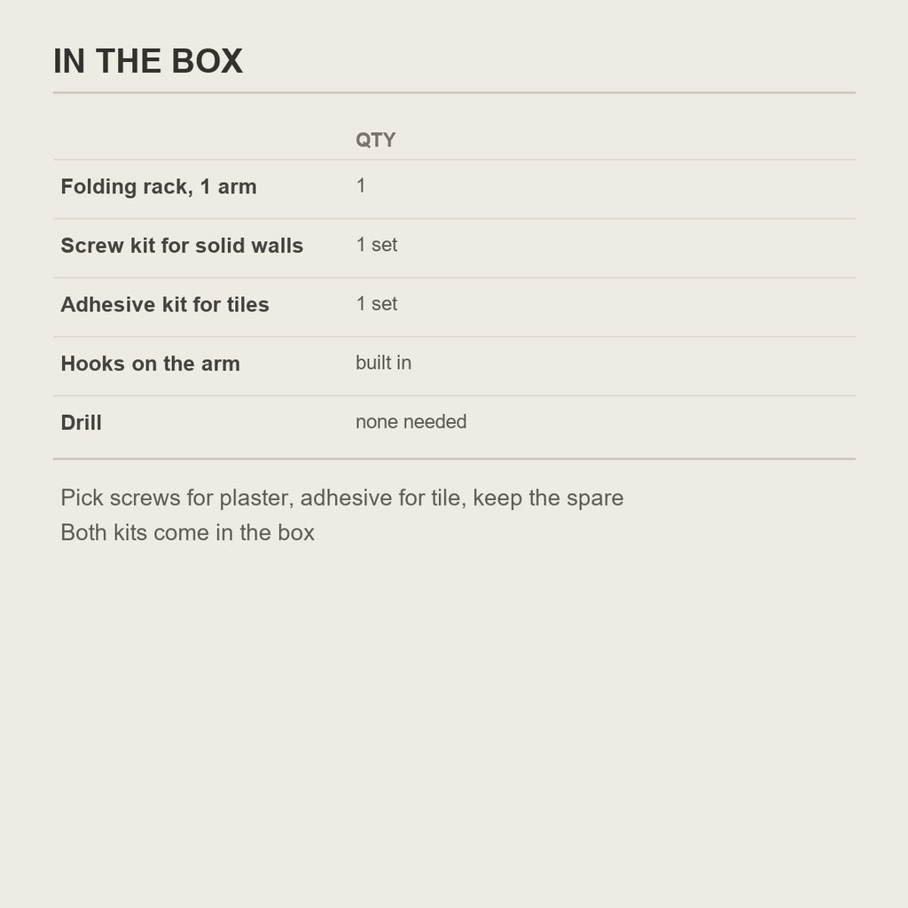 What comes in the box - folding rack, screw kit and adhesive kit
