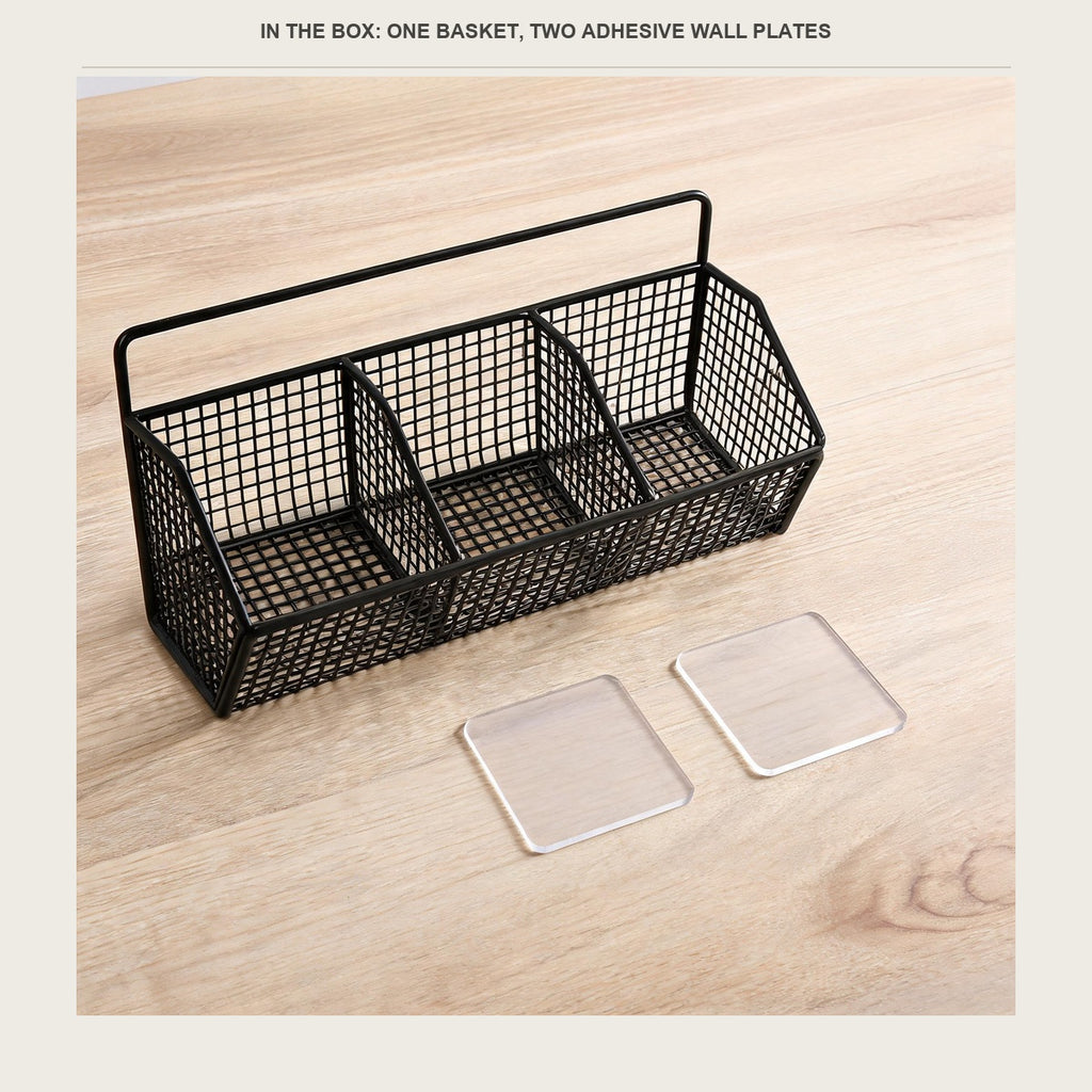 The basket with two clear adhesive wall plates laid out beside it