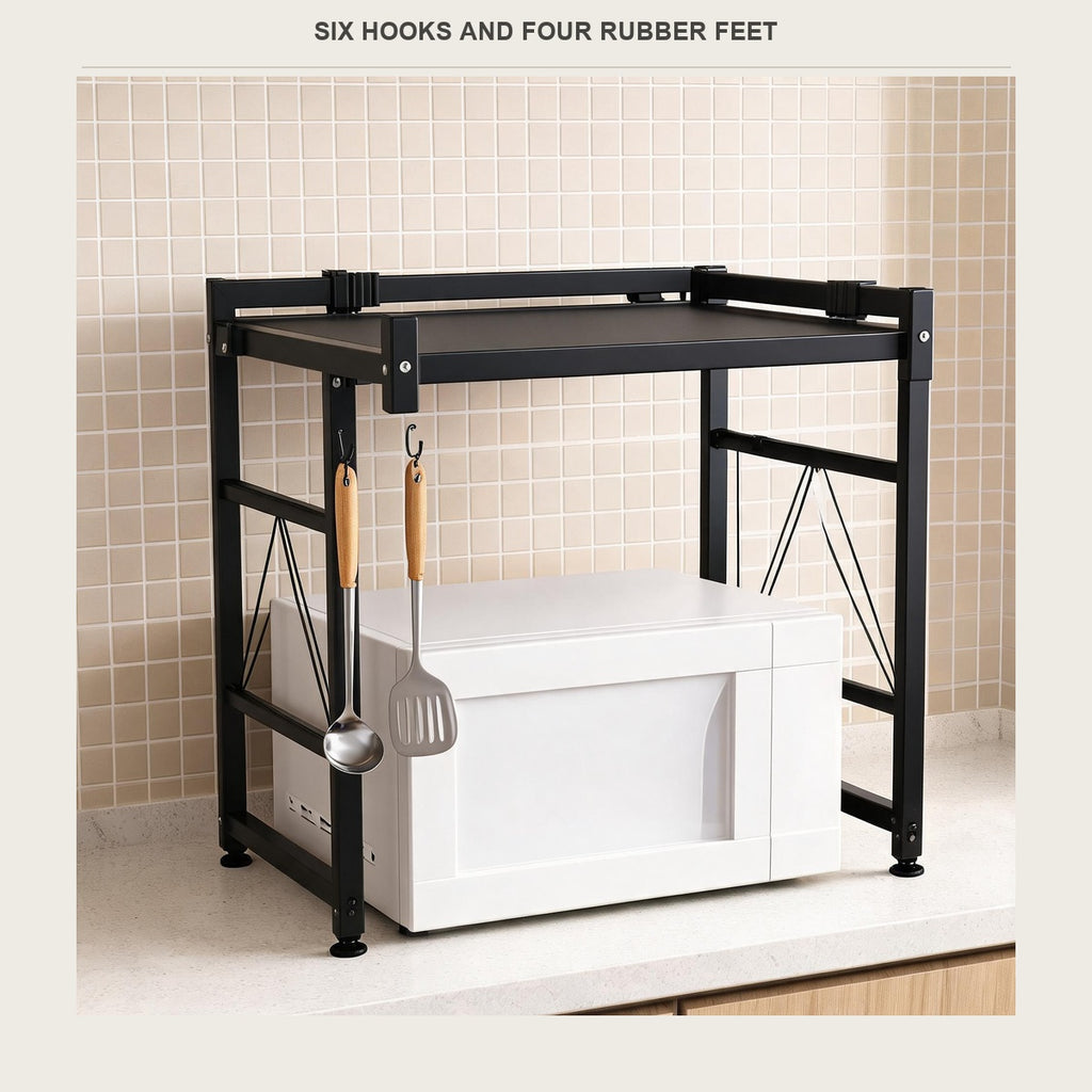 Six hooks on the side rail holding a spatula, a ladle and a whisk