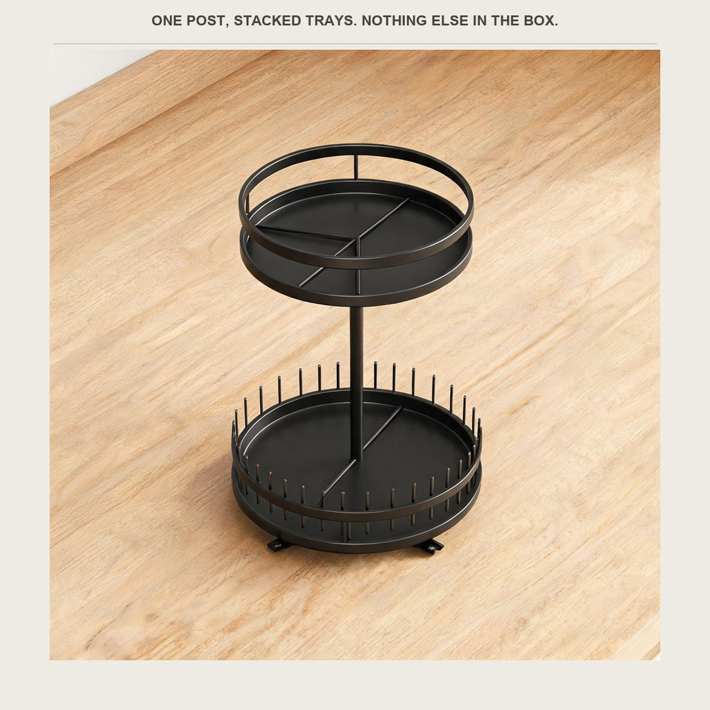 The rotating spice rack standing on a pale wood counter, nothing around it
