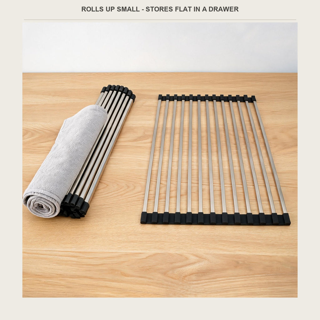 The roll-up rack rolled small for a drawer, laid next to it unrolled