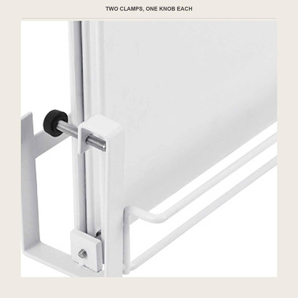 Close up of the clamp and knob that hold the fold-down shelf on a door