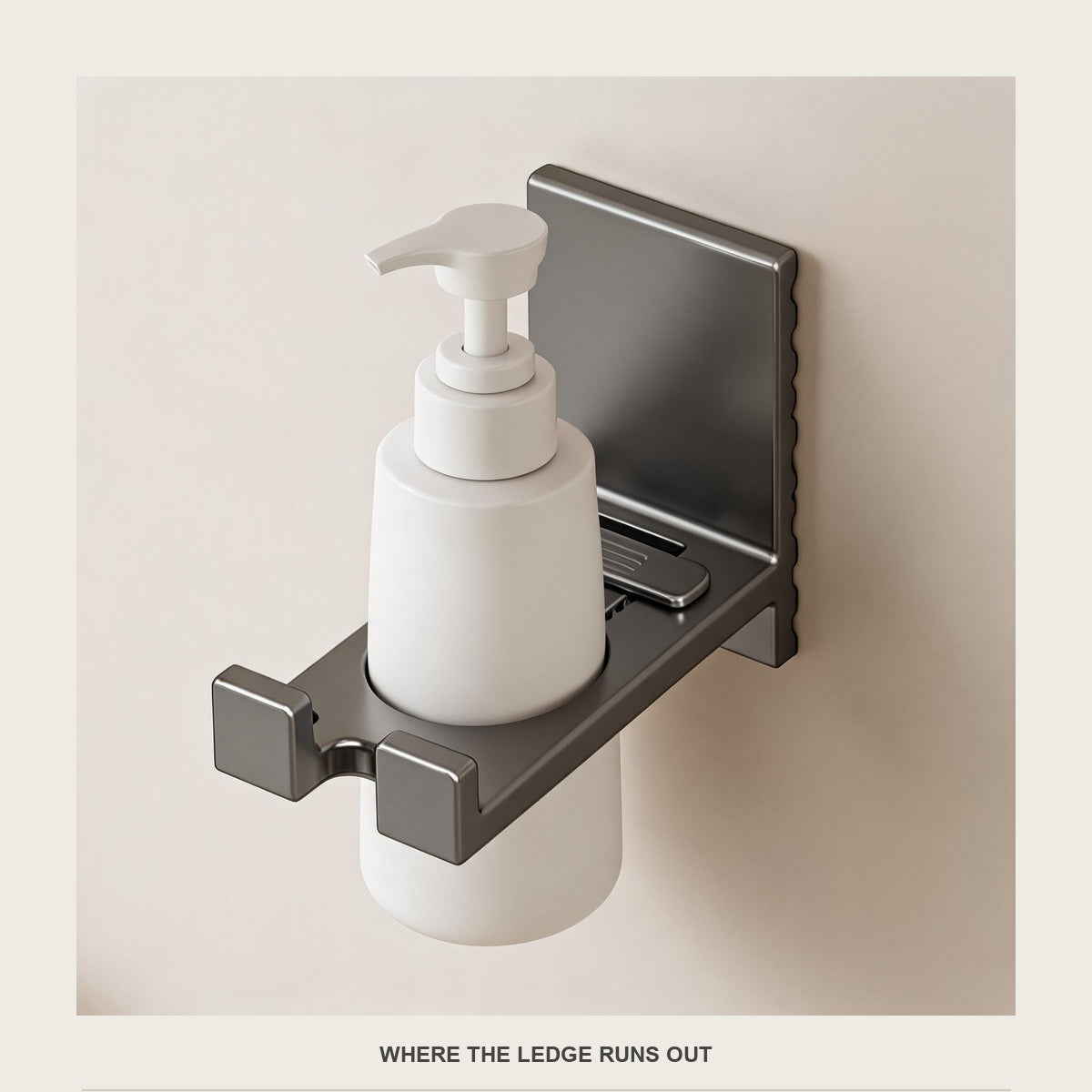 Side view of the bottle holder on a pale wall with a bottle hanging clear of the surface