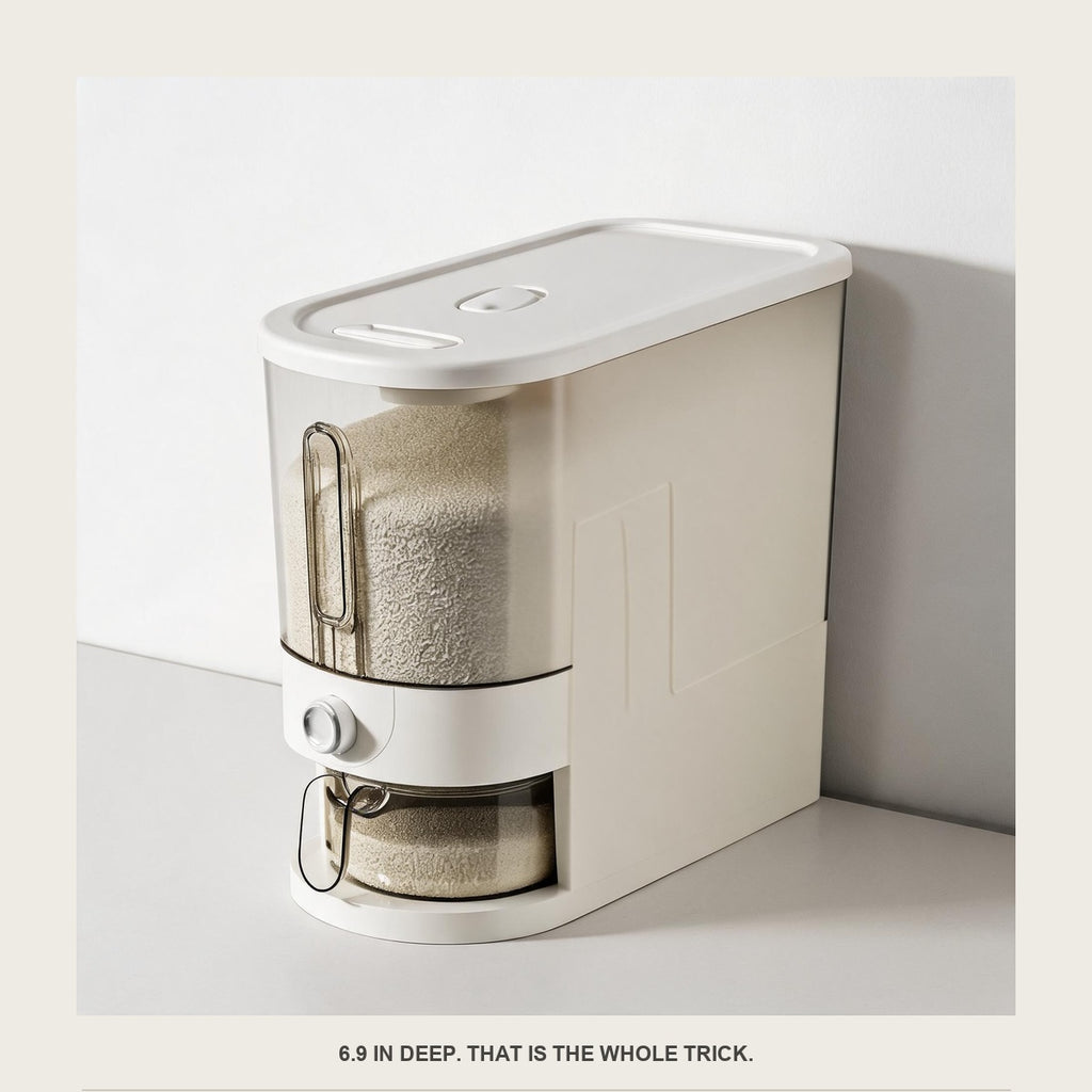 Side view of the rice dispenser showing its 6.9 in deep narrow profile against a wall