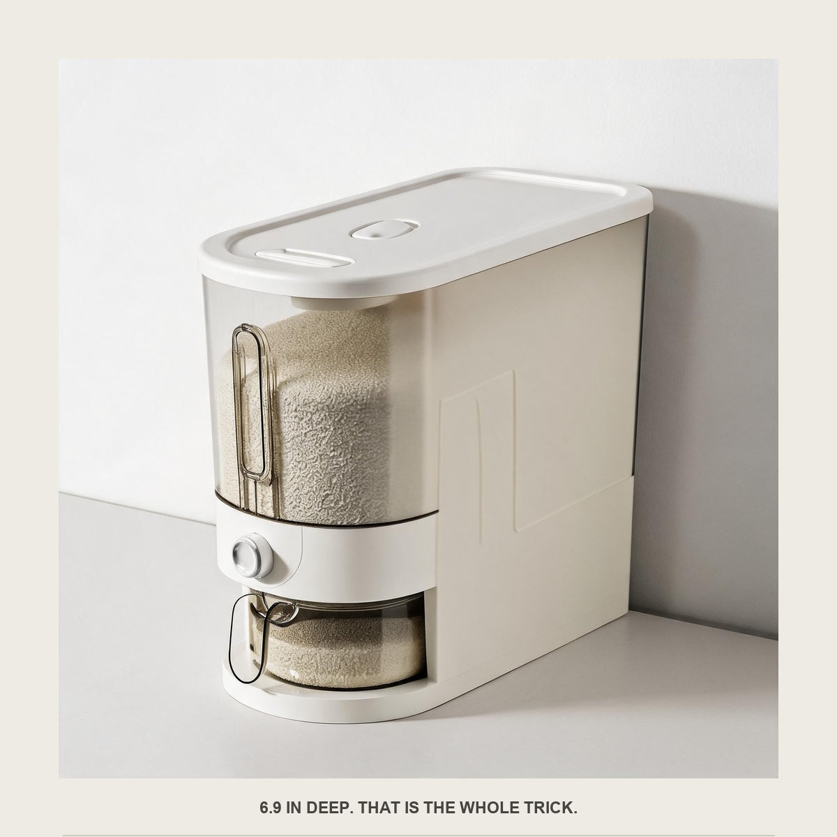 Side view of the rice dispenser showing its 6.9 in deep narrow profile against a wall