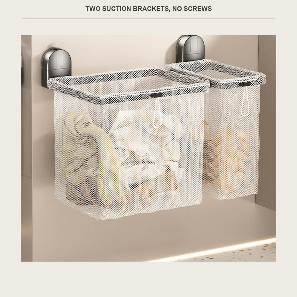 Close up of the two ABS suction brackets holding the hamper on tile