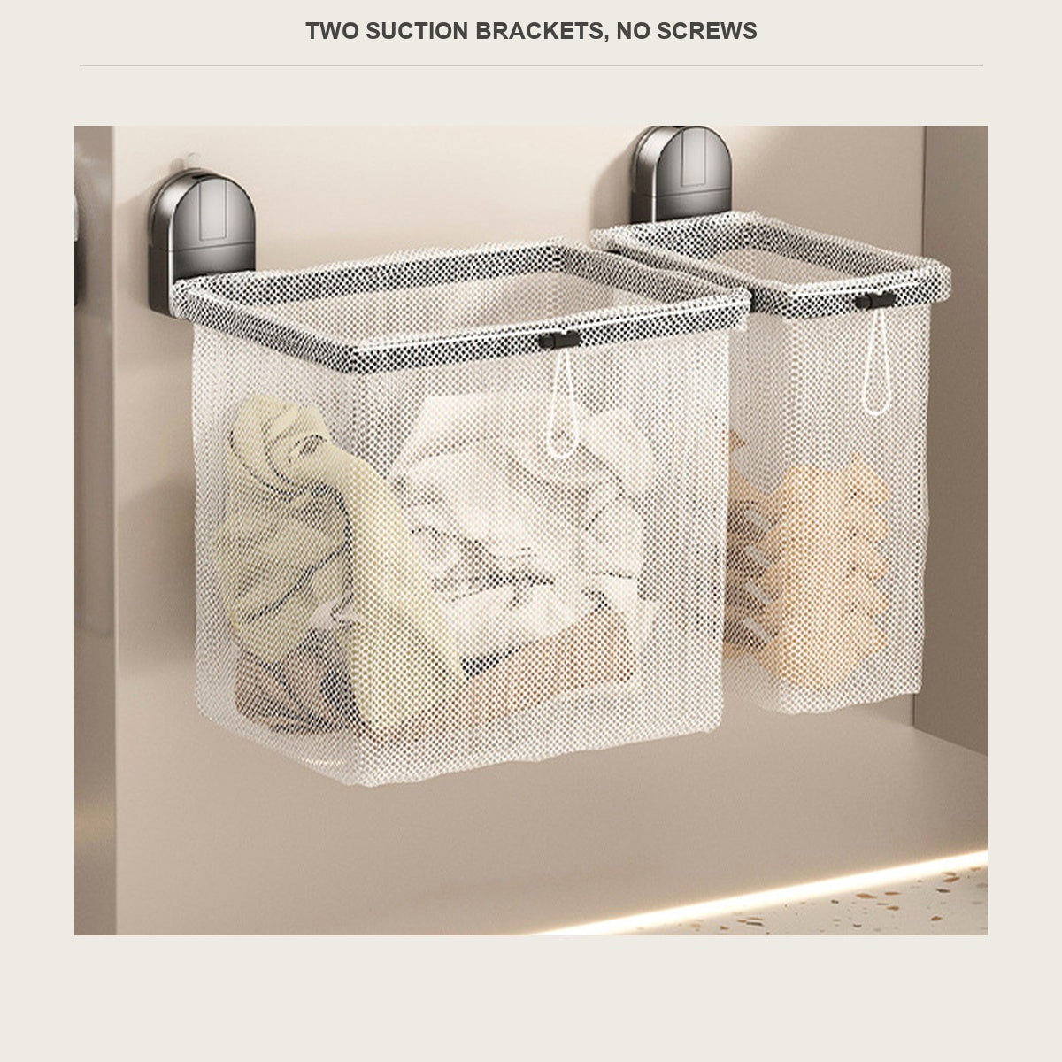 Close up of the two ABS suction brackets holding the hamper on tile