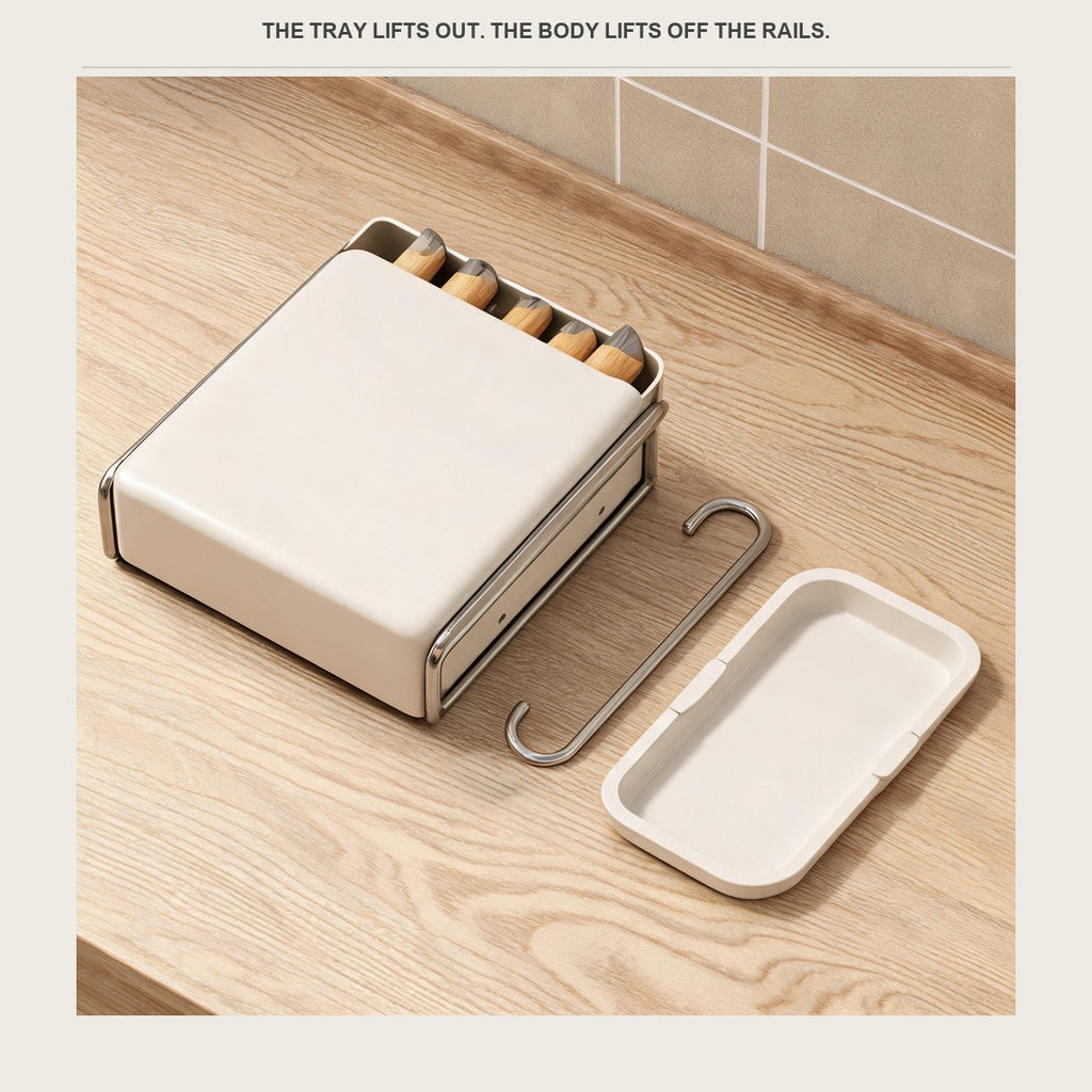 The utensil holder laid on a pale wood counter with the drip tray beside it